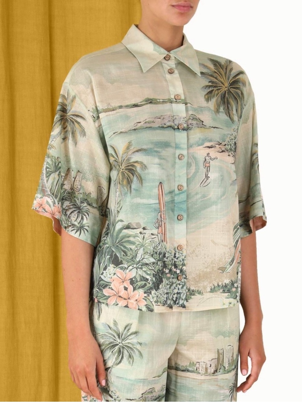 Sold out Zimmermann Green Tropical Print Wide-Leg Pants/Button Down Shirt Set
